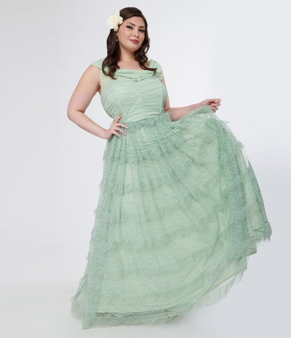 Unique Vintage Plus Size 1950s Mint Green Clip Dot Off The Shoulder Cocktail Dress - Unique Vintage - Womens, DRESSES, PROM AND SPECIAL OCCASION