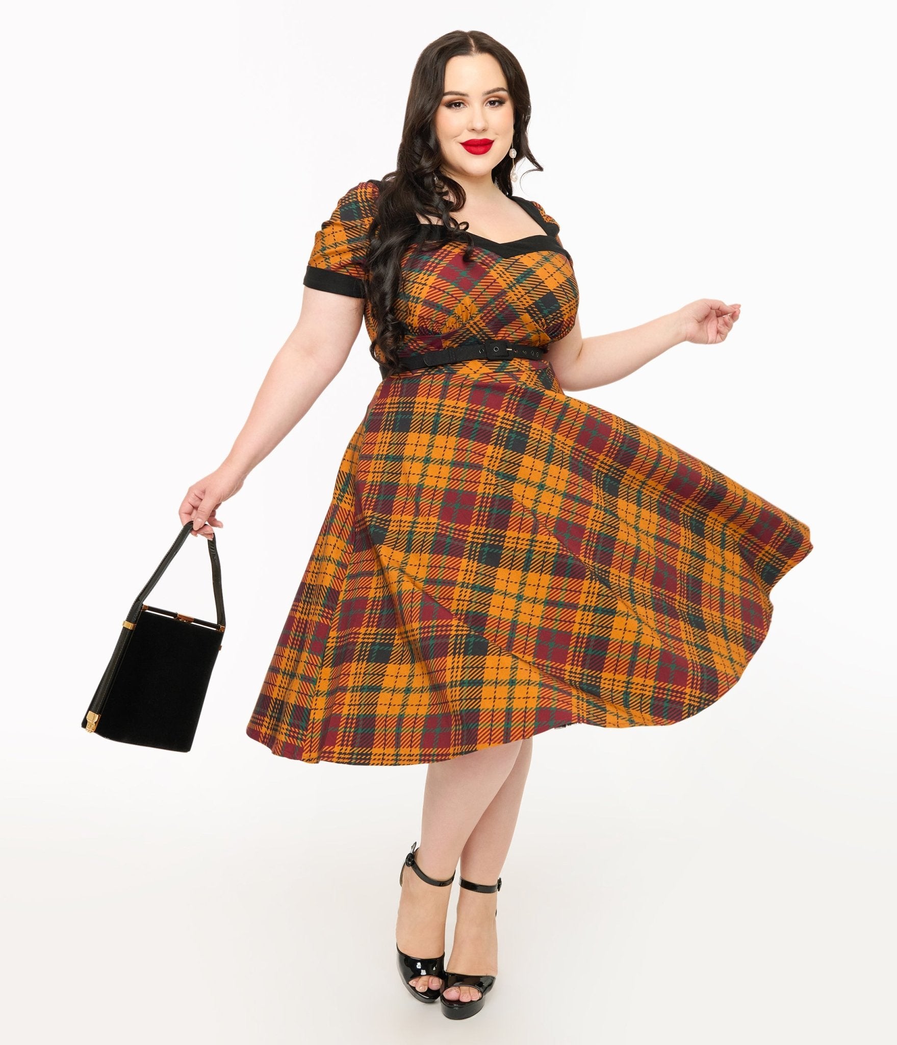 Unique Vintage Plus Size 1950s Mustard Yellow & Burgundy Plaid Swing Dress - Unique Vintage - Womens, DRESSES, SWING