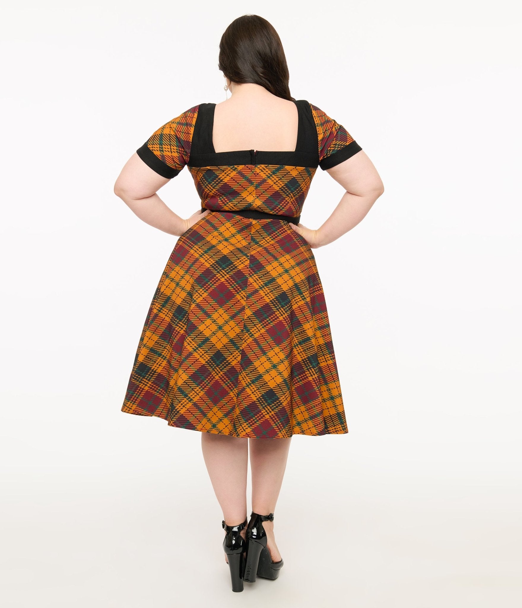 Unique Vintage Plus Size 1950s Mustard Yellow & Burgundy Plaid Swing Dress - Unique Vintage - Womens, DRESSES, SWING