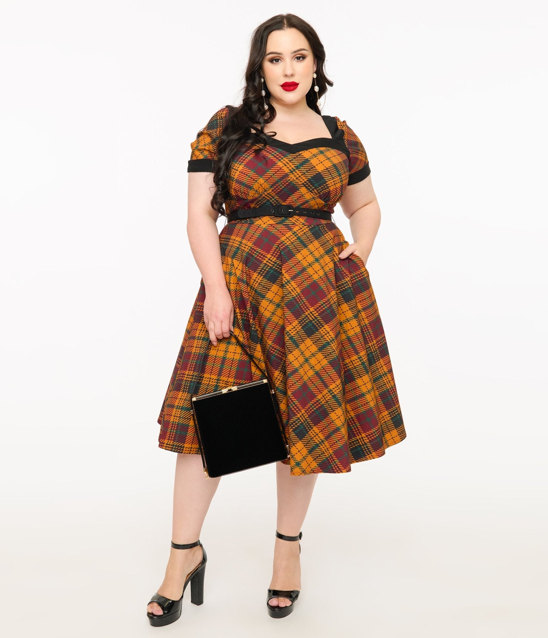 Unique Vintage Plus Size 1950s Mustard Yellow & Burgundy Plaid Swing Dress - Unique Vintage - Womens, DRESSES, SWING