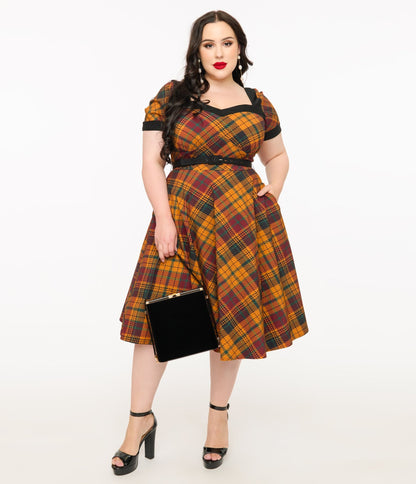 Unique Vintage Plus Size 1950s Mustard Yellow & Burgundy Plaid Swing Dress - Unique Vintage - Womens, DRESSES, SWING