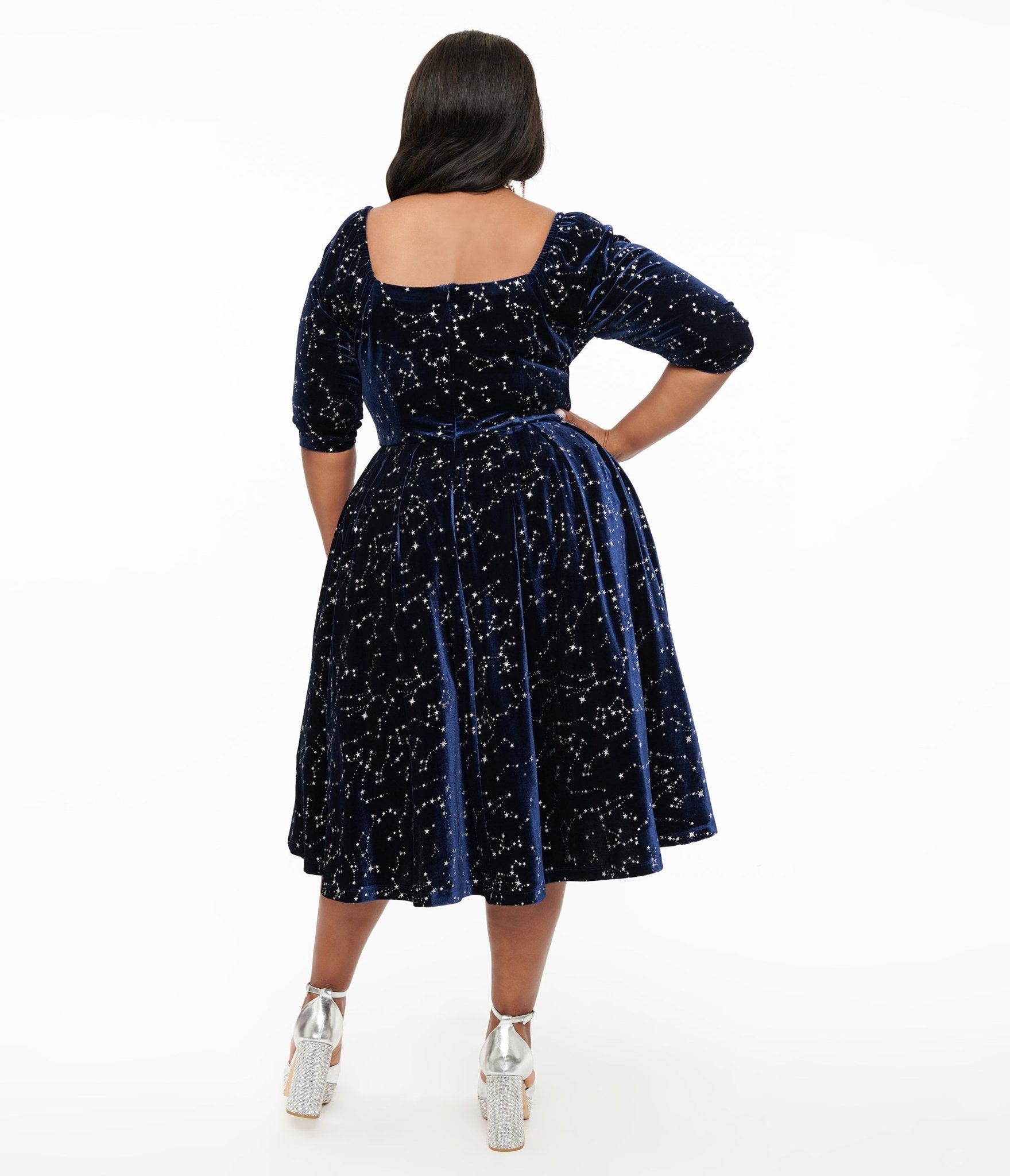 Unique Vintage Plus Size 1950s Navy & Silver Star Velvet Lamar Swing Dress - Unique Vintage - Womens, DRESSES, SWING