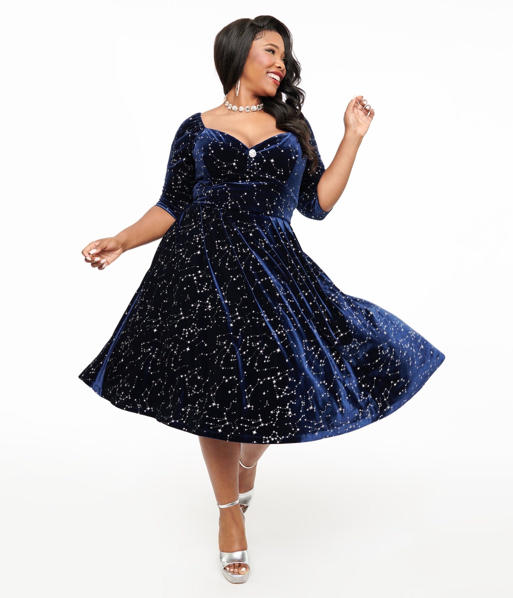 Unique Vintage Plus Size 1950s Navy & Silver Star Velvet Lamar Swing Dress - Unique Vintage - Womens, DRESSES, SWING