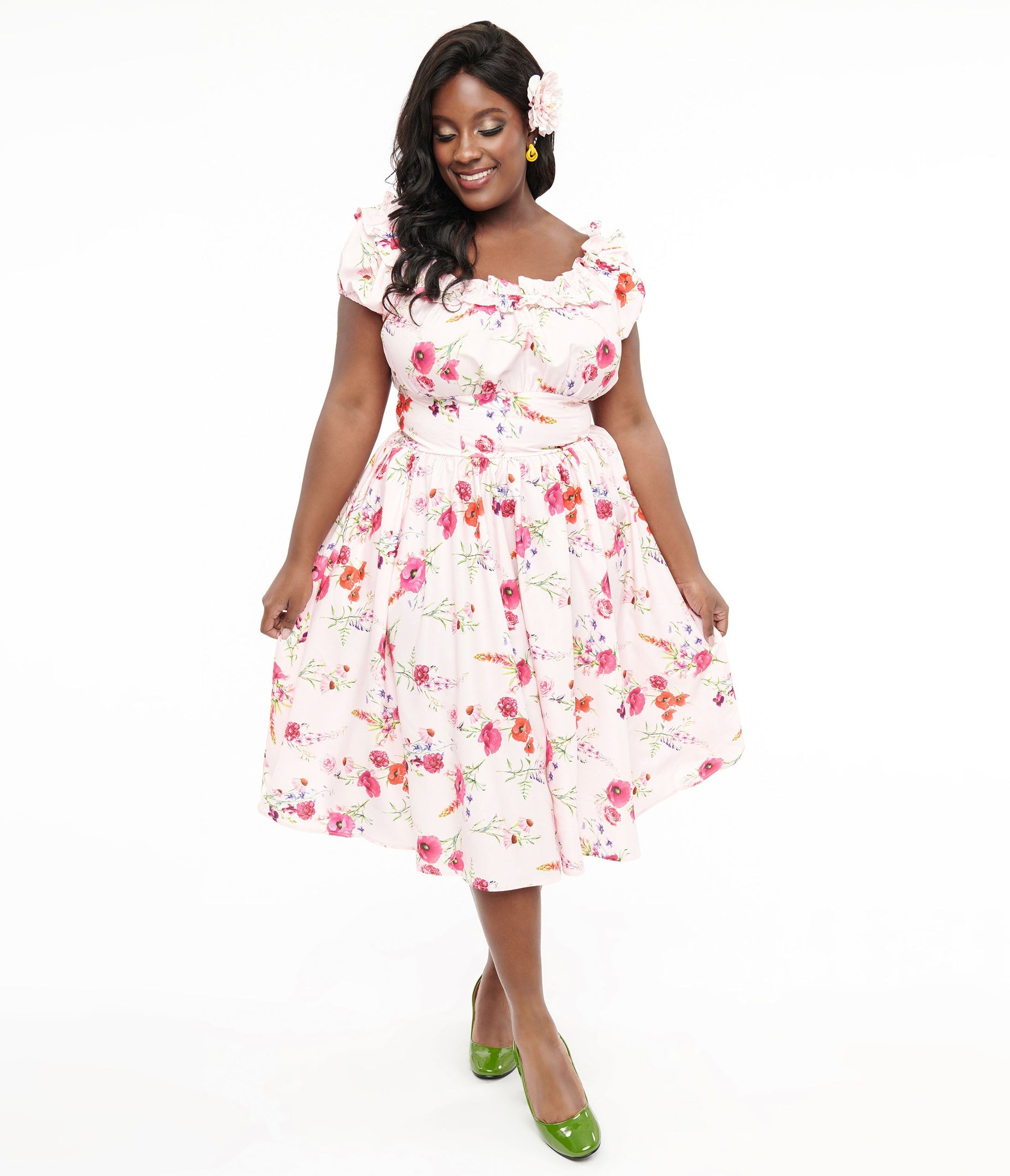 Unique Vintage Plus Size 1950s Pink Floral Off The Shoulder Ruffle Swing Dress - Unique Vintage - Womens, DRESSES, SWING