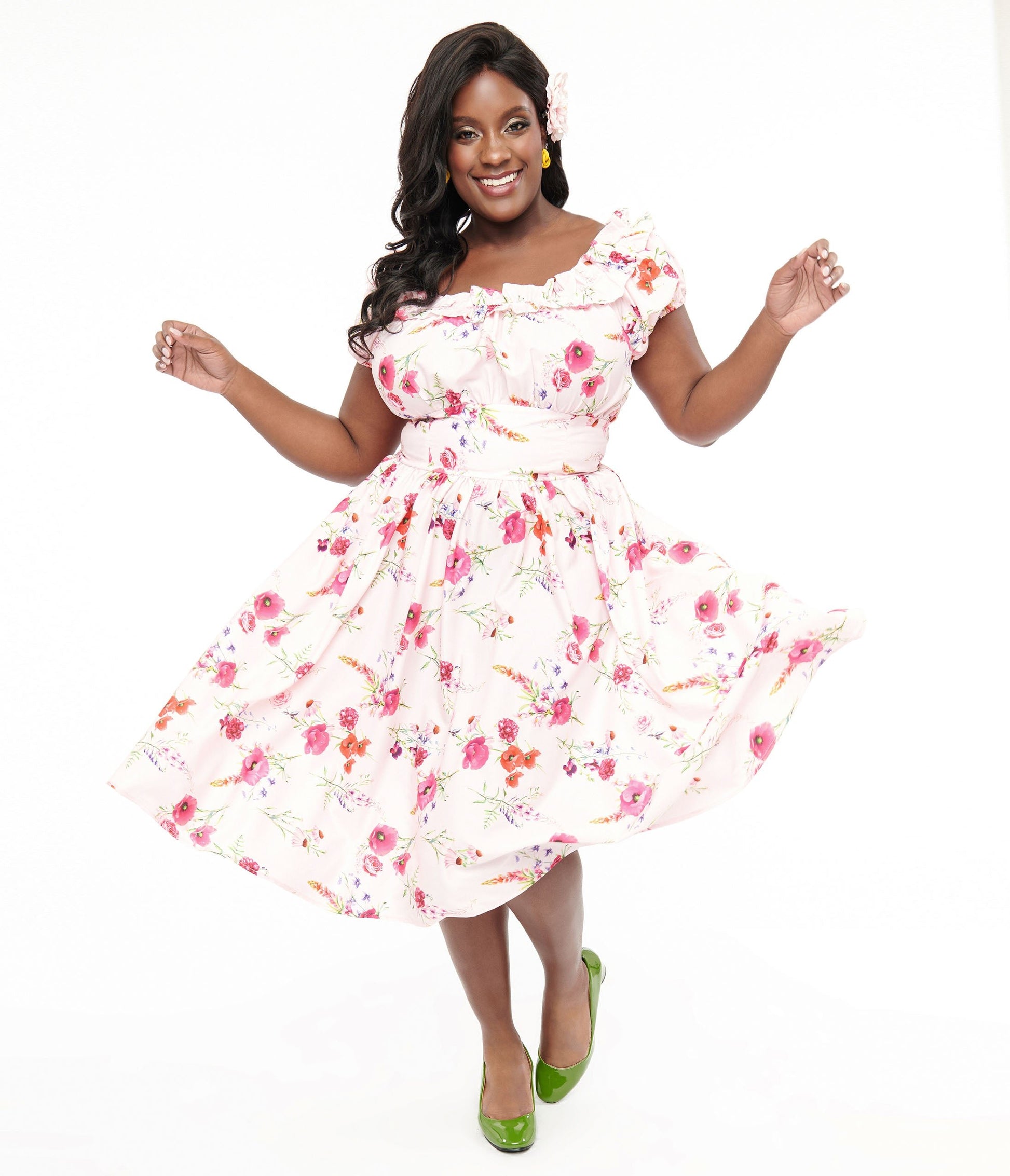 Unique Vintage Plus Size 1950s Pink Floral Off The Shoulder Ruffle Swing Dress - Unique Vintage - Womens, DRESSES, SWING