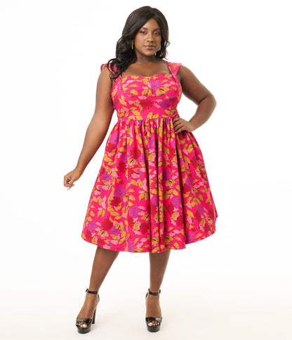 Unique Vintage Plus Size 1950s Pink & Red Floral Sleeveless Swing Dress - Unique Vintage - Womens, DRESSES, SWING