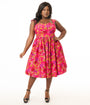 Unique Vintage Plus Size 1950s Pink & Red Floral Sleeveless Swing Dress
