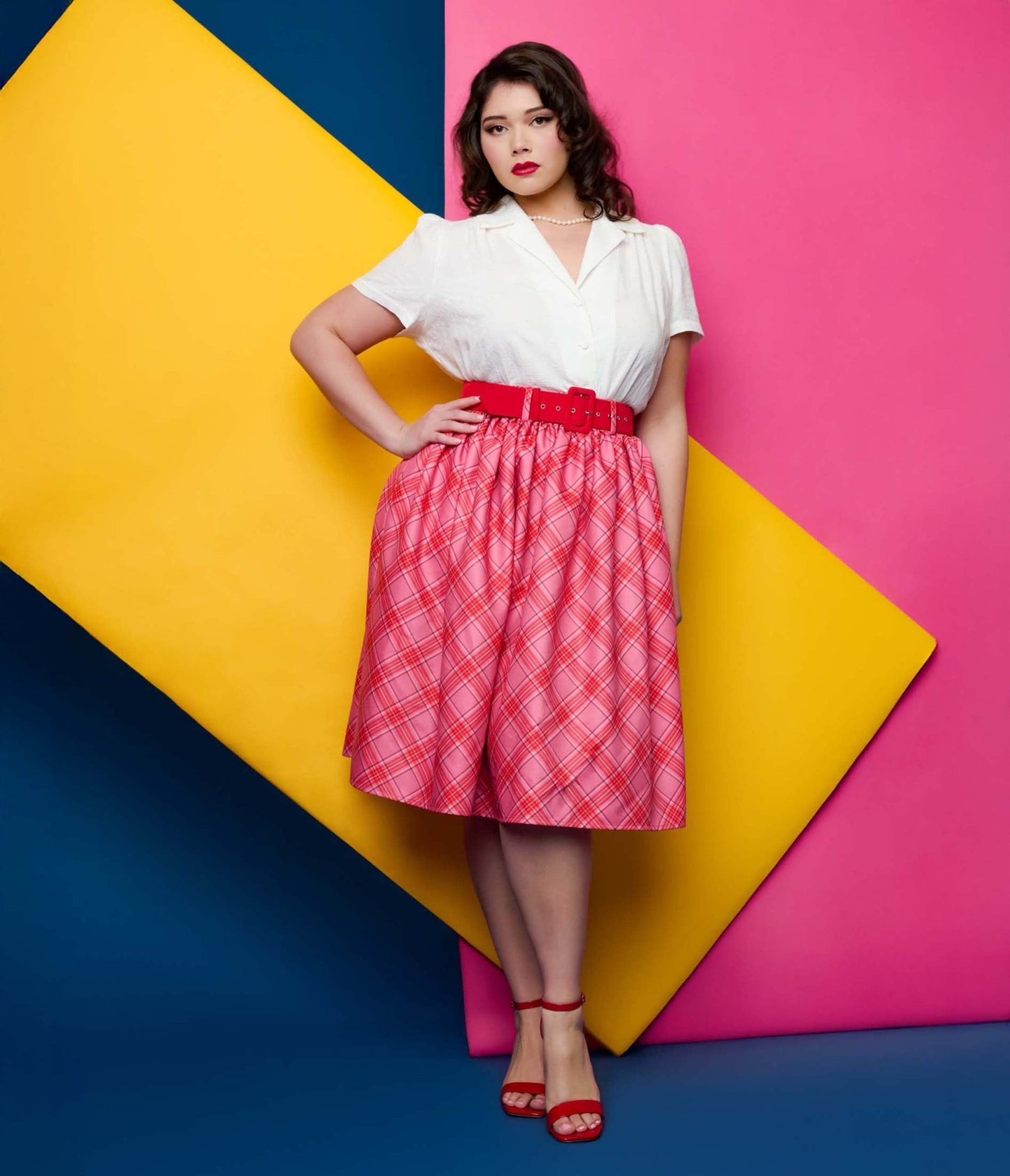 Unique Vintage Plus Size 1950s Pink & Red Plaid Belted Gellar Swing Skirt - Unique Vintage - Womens, BOTTOMS, SKIRTS