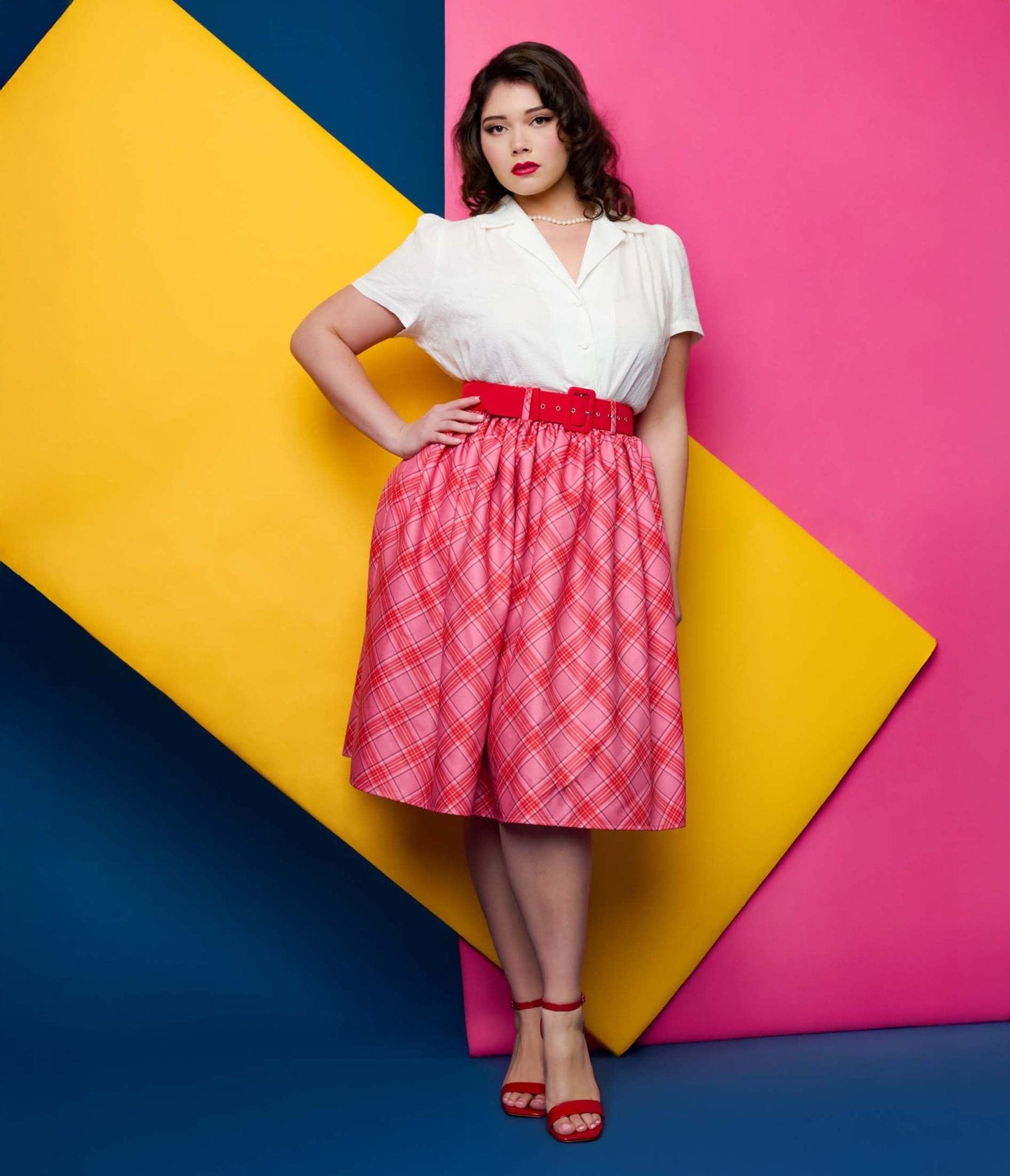 Unique Vintage Plus Size 1950s Pink & Red Plaid Belted Gellar Swing Skirt - Unique Vintage - Womens, BOTTOMS, SKIRTS
