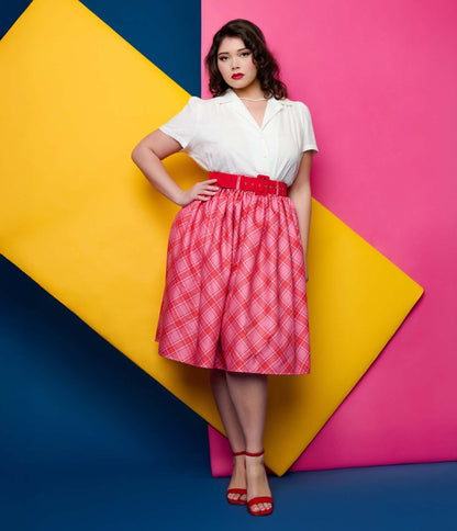 Unique Vintage Plus Size 1950s Pink & Red Plaid Belted Gellar Swing Skirt - Unique Vintage - Womens, BOTTOMS, SKIRTS