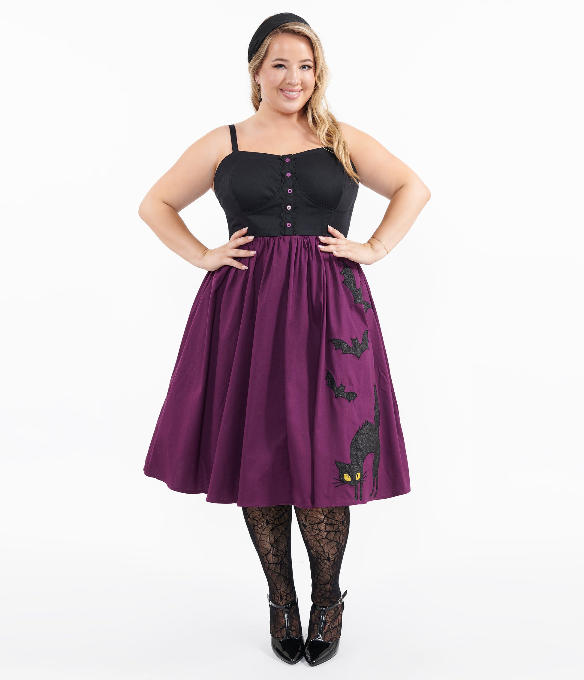 Unique Vintage Plus Size 1950s Purple & Black Glitter Cat Swing Dress - Unique Vintage - Womens, HALLOWEEN, DRESSES