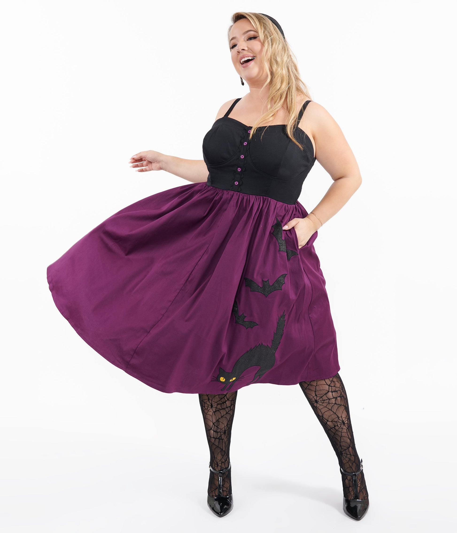 Unique Vintage Plus Size 1950s Purple & Black Glitter Cat Swing Dress - Unique Vintage - Womens, HALLOWEEN, DRESSES