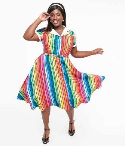 Unique Vintage Plus Size 1950s Rainbow Stripe Pride Alexis Swing Dress - Unique Vintage - Womens, DRESSES, SWING