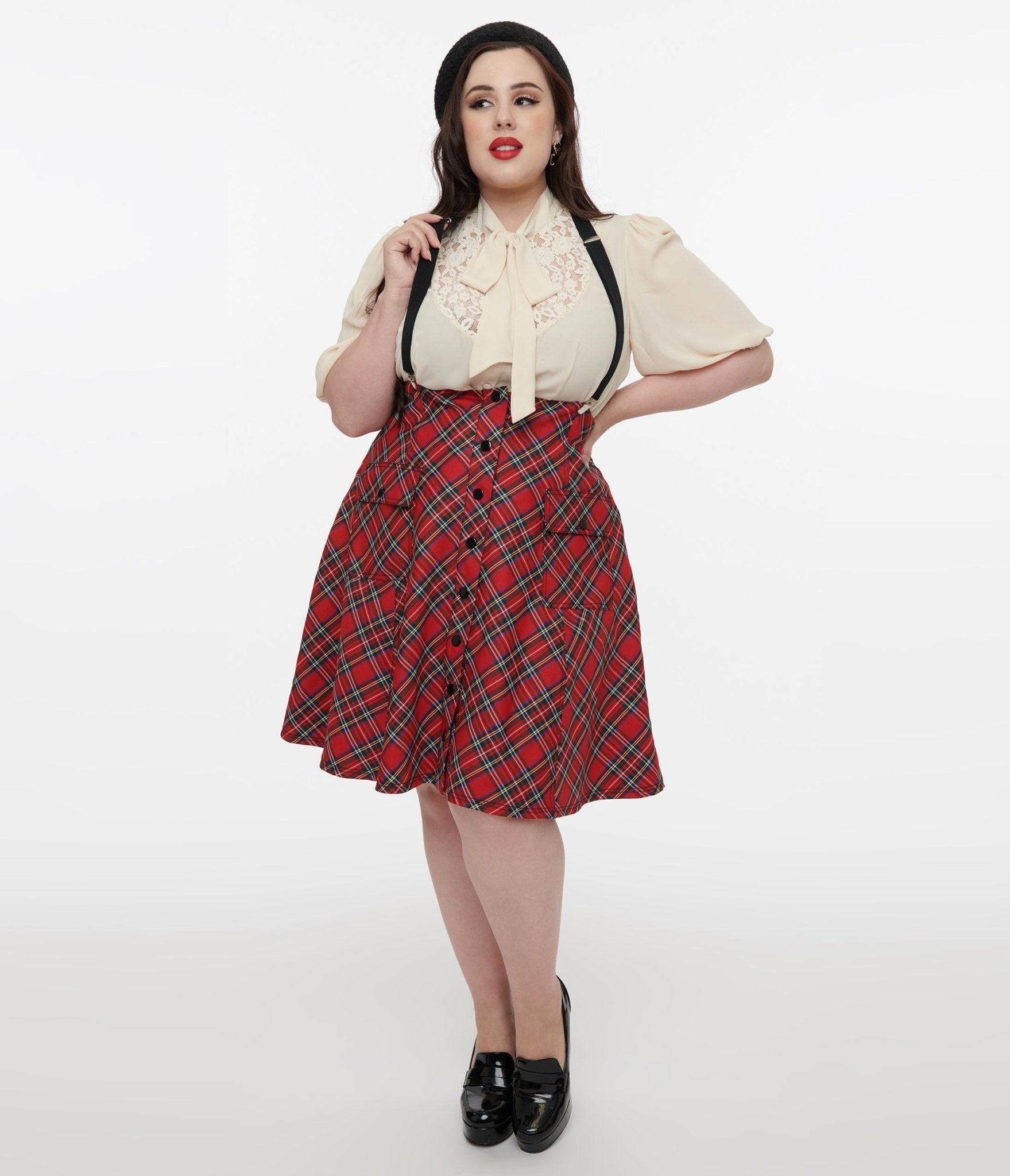 Unique Vintage Plus Size 1950s Red Bias Plaid Suspender Flare Skirt - Unique Vintage - Womens, BOTTOMS, SKIRTS