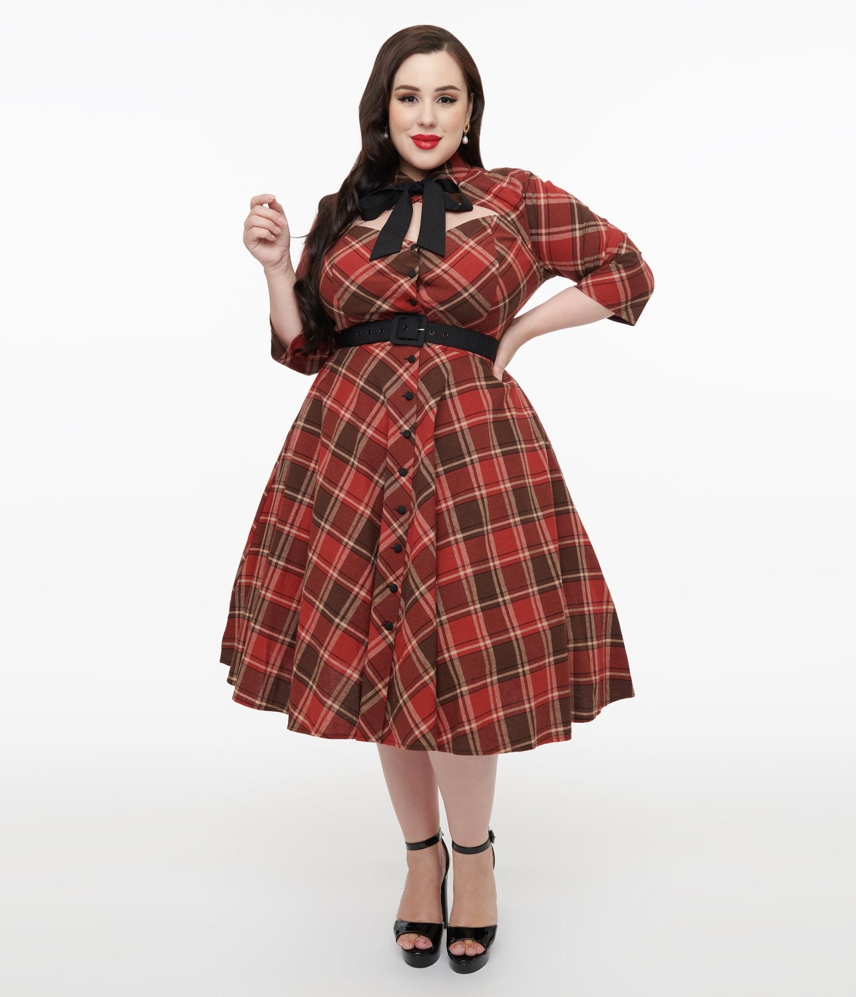 Unique Vintage Plus Size 1950s Red & Brown Bias Plaid Swing Dress - Unique Vintage - Womens, DRESSES, SWING