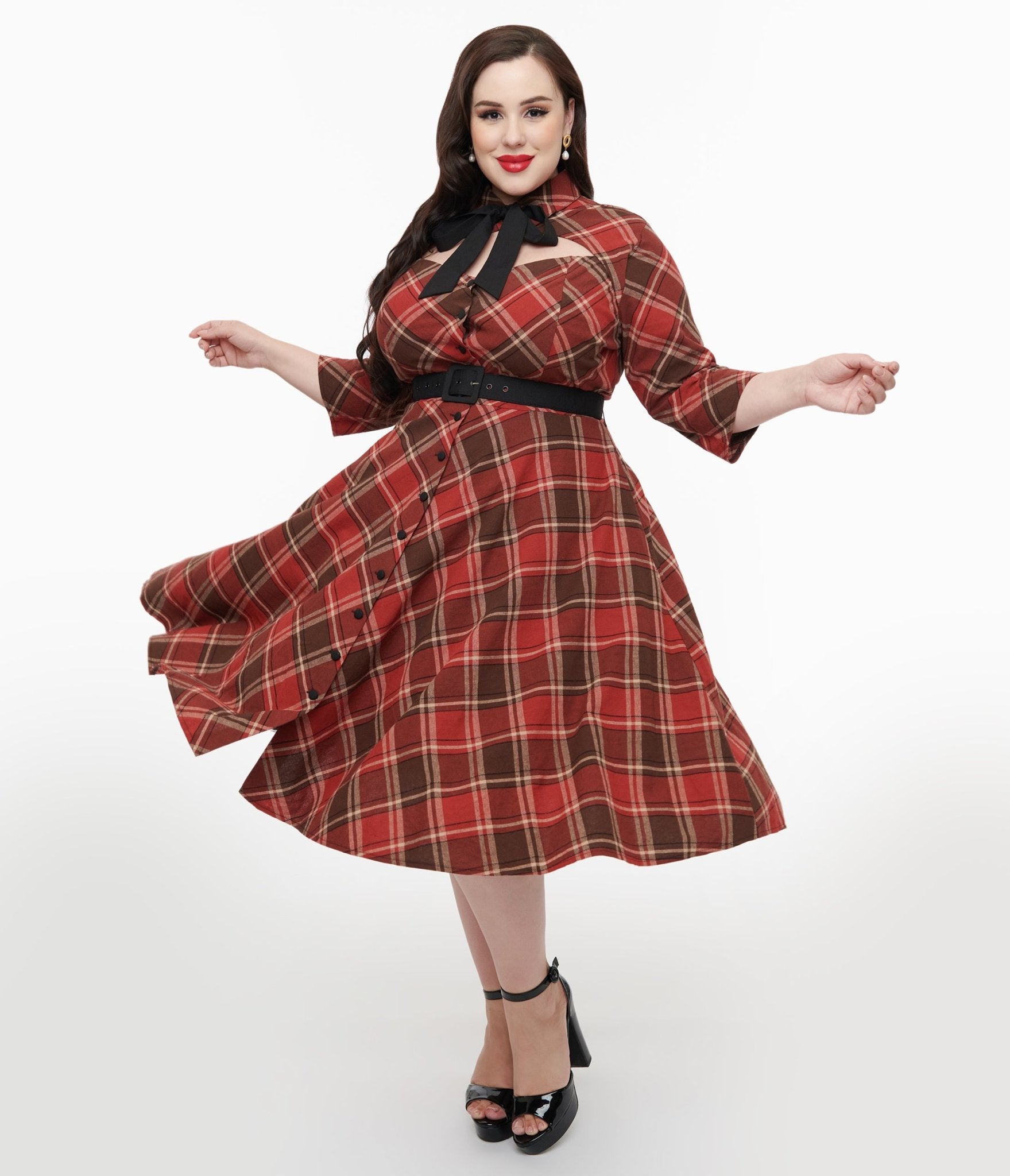 Unique Vintage Plus Size 1950s Red & Brown Bias Plaid Swing Dress - Unique Vintage - Womens, DRESSES, SWING