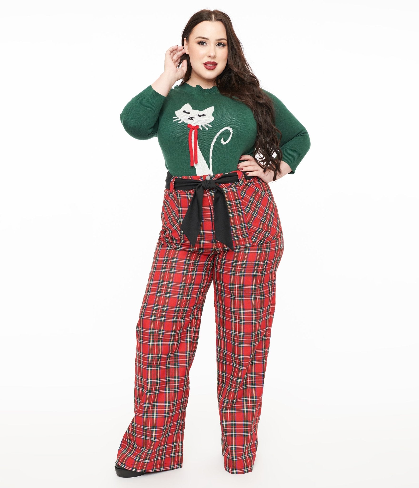 Unique Vintage Plus Size 1950s Red Plaid Wide Leg Trousers - Unique Vintage - Womens, BOTTOMS, PANTS
