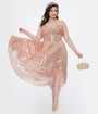Unique Vintage Plus Size 1950s Rose Gold Pleated Sequin Swing Dress