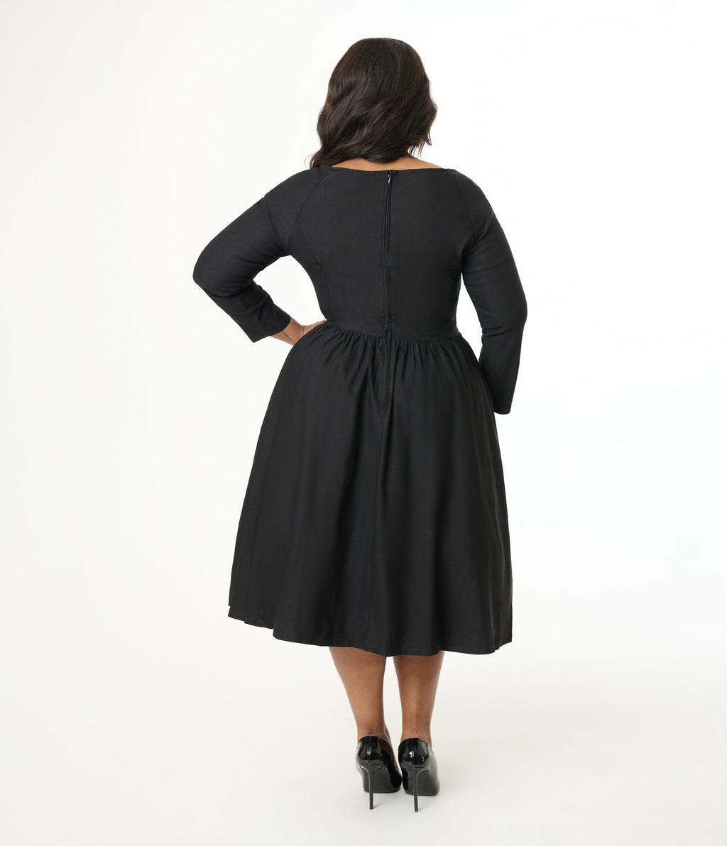 Unique Vintage Plus Size 1950s Solid Black Sweetheart Swing Dress - Unique Vintage - Womens, DRESSES, SWING