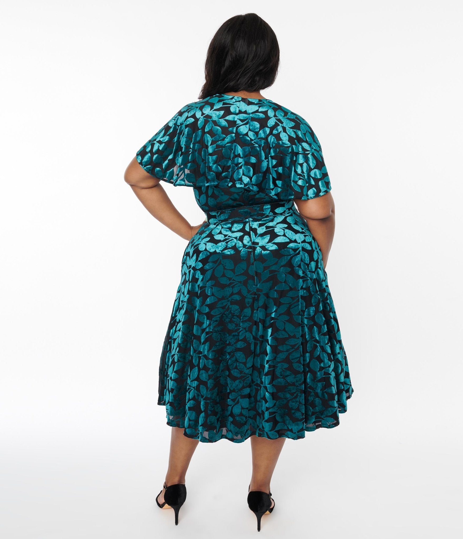 Unique Vintage Plus Size 1950s Teal & Black Velvet Burnout Capelet Swing Dress - Unique Vintage - Womens, DRESSES, SWING