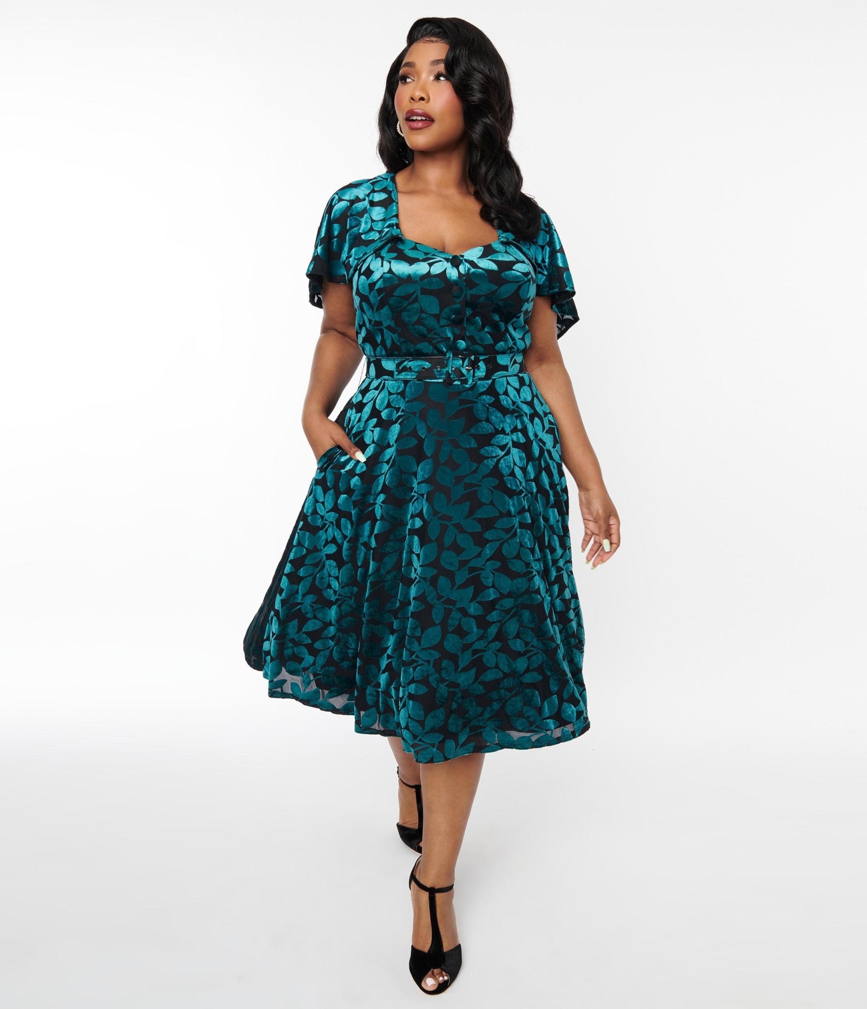 Unique Vintage Plus Size 1950s Teal & Black Velvet Burnout Capelet Swing Dress - Unique Vintage - Womens, DRESSES, SWING