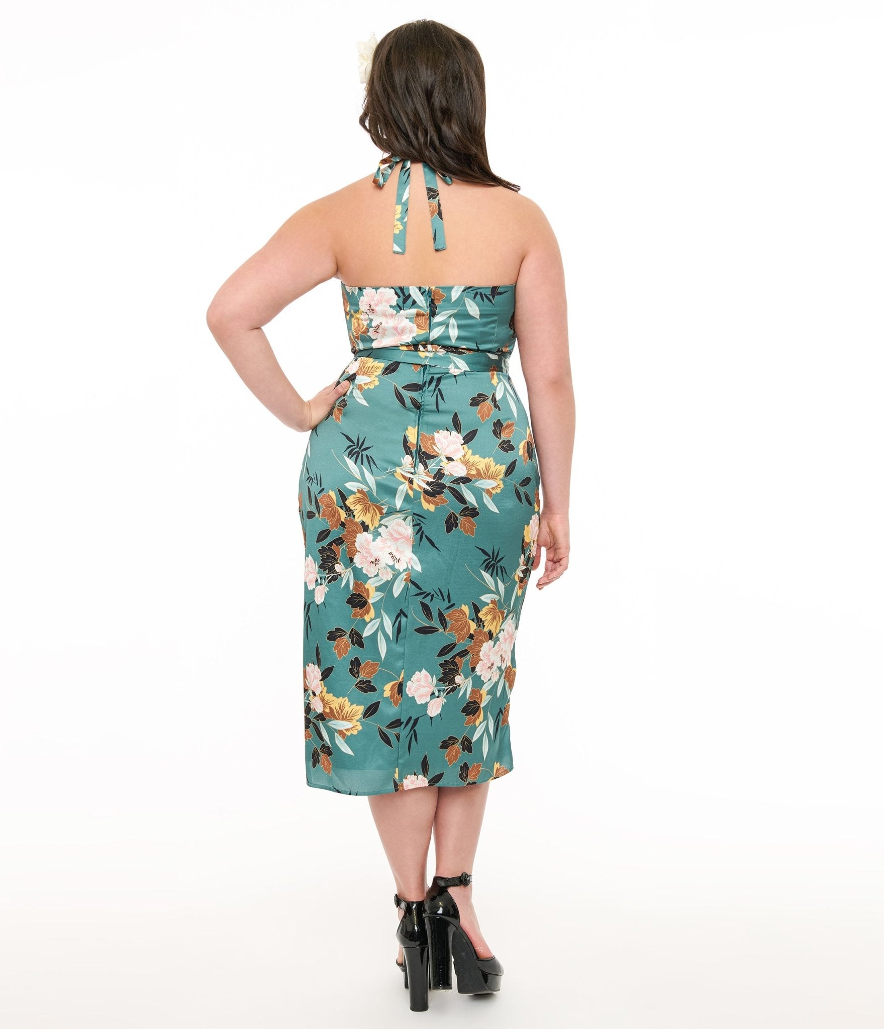 Unique Vintage Plus Size 1950s Teal Floral Leilani Sarong Dress - Unique Vintage - Womens, DRESSES, WIGGLE