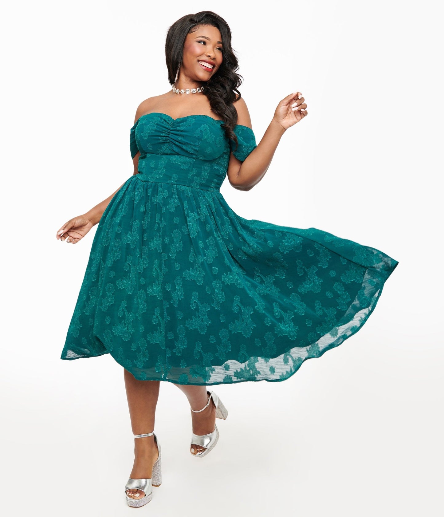 Unique Vintage Plus Size 1950s Teal Jacquard Off Shoulder Flare Dress - Unique Vintage - Womens, DRESSES, SWING