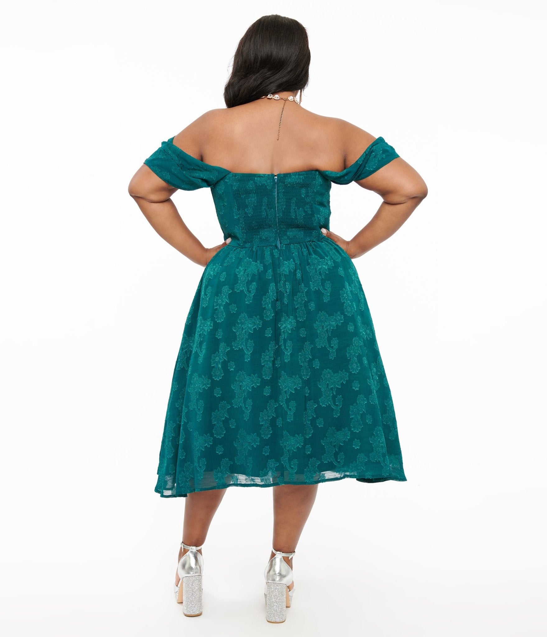 Unique Vintage Plus Size 1950s Teal Jacquard Off Shoulder Flare Dress - Unique Vintage - Womens, DRESSES, SWING