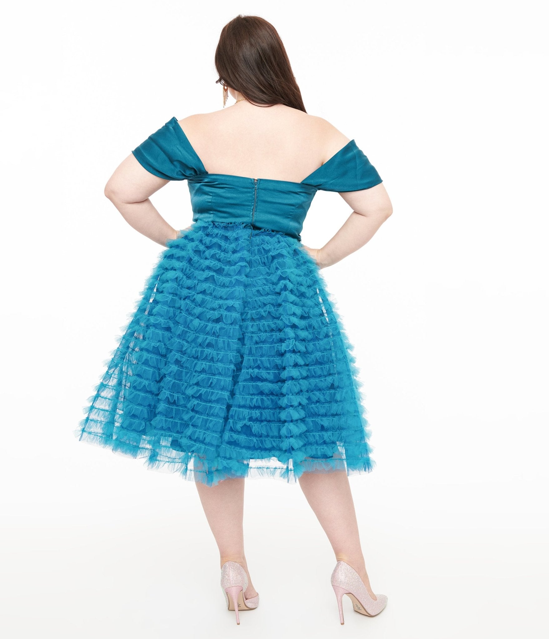 Unique Vintage Plus Size 1950s Teal Mesh Tulle Off The Shoulder Swing Dress - Unique Vintage - Womens, DRESSES, SWING