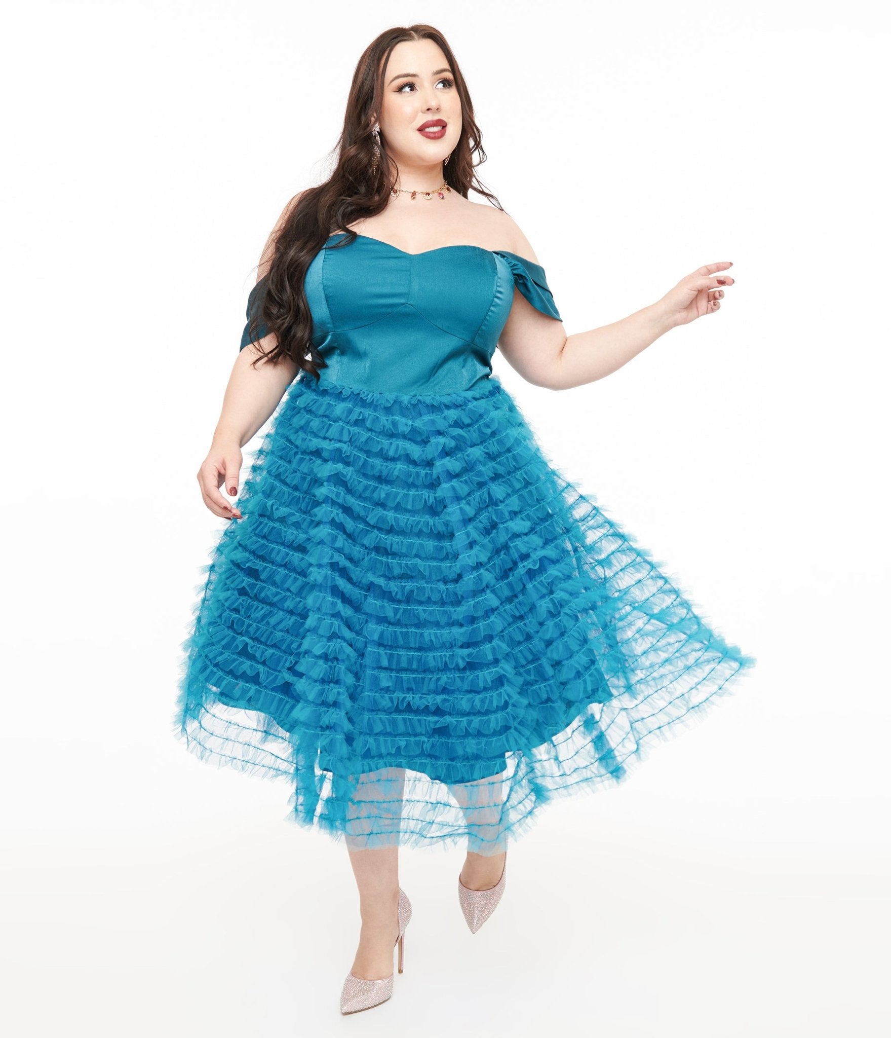 Unique Vintage Plus Size 1950s Teal Mesh Tulle Off The Shoulder Swing Dress - Unique Vintage - Womens, DRESSES, SWING