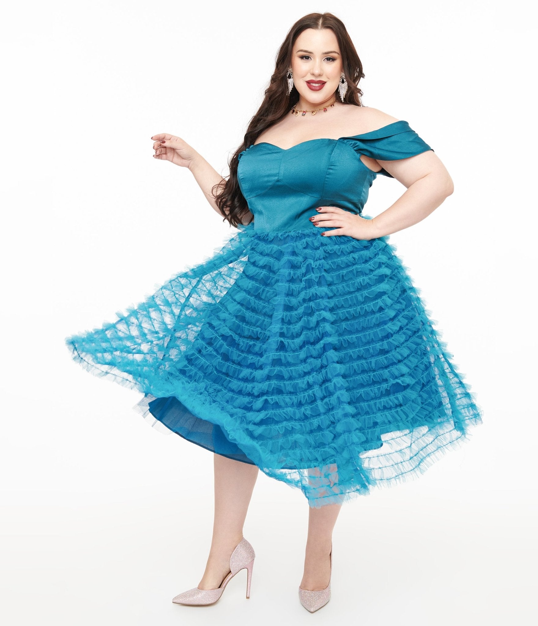 Unique Vintage Plus Size 1950s Teal Mesh Tulle Off The Shoulder Swing Dress - Unique Vintage - Womens, DRESSES, SWING