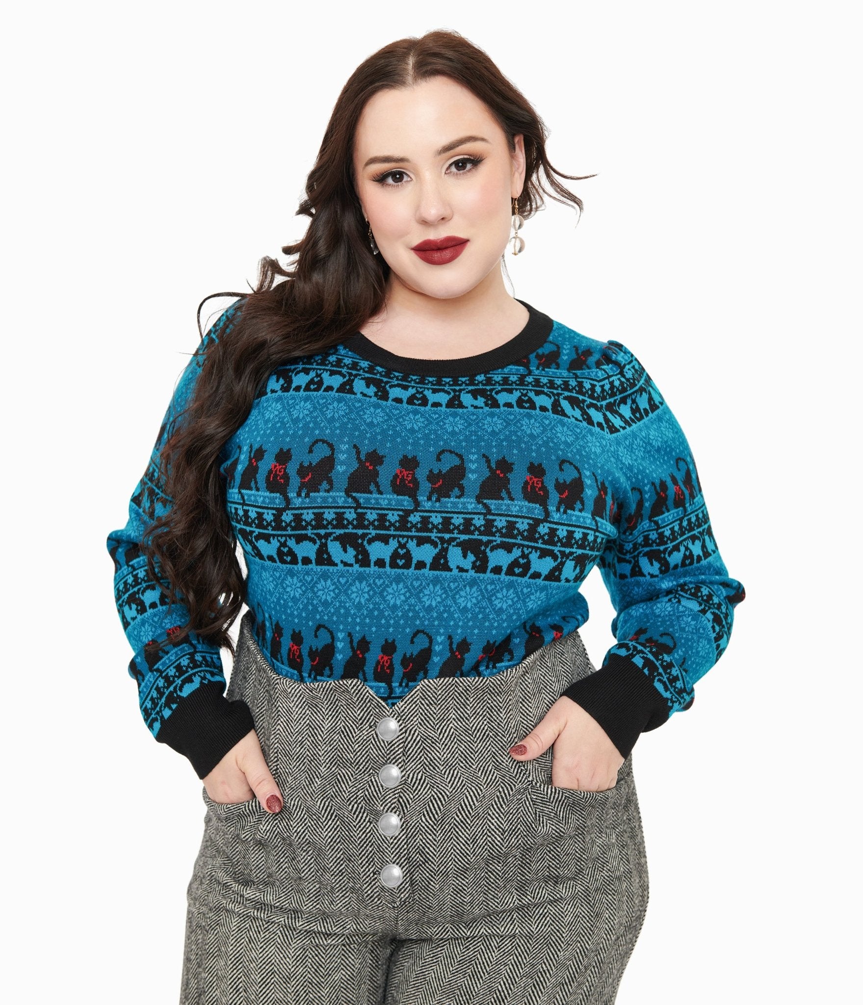 Unique Vintage Plus Size 1950s Teal Snowflakes & Cats Sweater - Unique Vintage - Womens, TOPS, SWEATERS