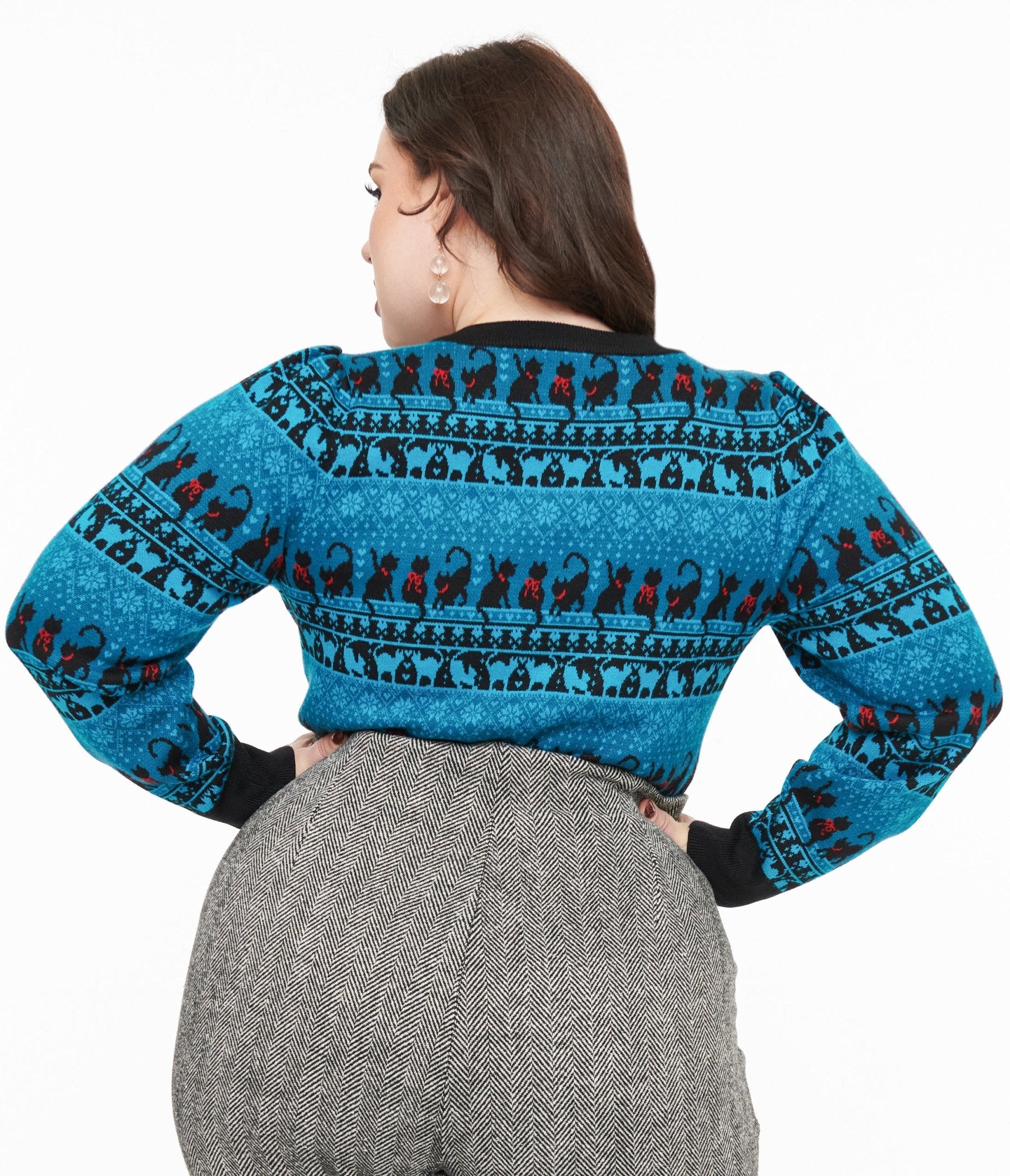 Unique Vintage Plus Size 1950s Teal Snowflakes & Cats Sweater - Unique Vintage - Womens, TOPS, SWEATERS