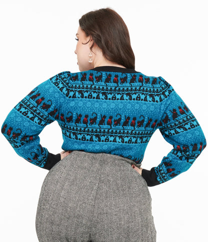 Unique Vintage Plus Size 1950s Teal Snowflakes & Cats Sweater - Unique Vintage - Womens, TOPS, SWEATERS