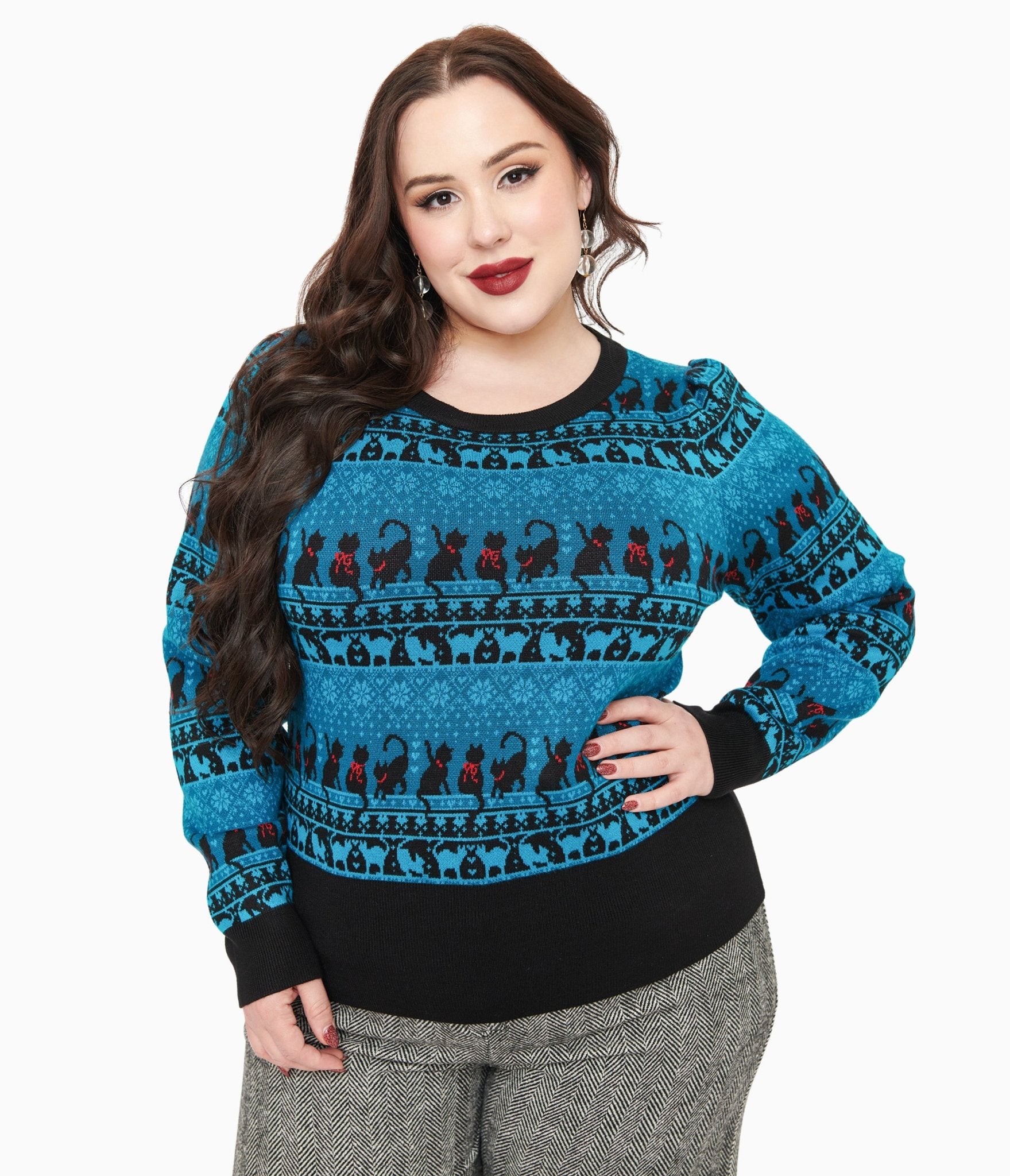 Unique Vintage Plus Size 1950s Teal Snowflakes & Cats Sweater - Unique Vintage - Womens, TOPS, SWEATERS