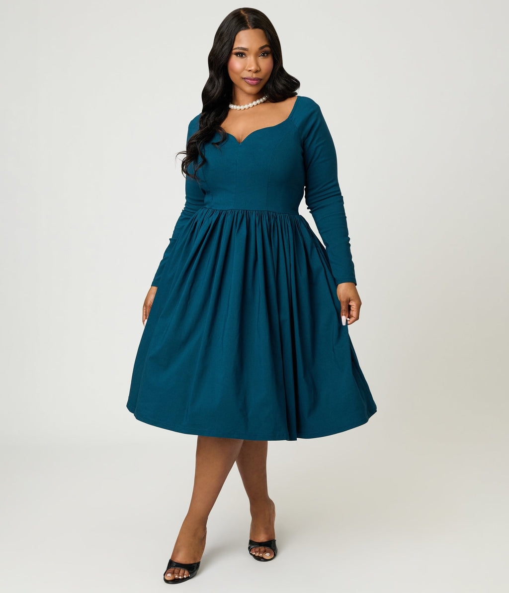 Unique Vintage Plus Size 1950s Teal Sweetheart Swing Dress - Unique Vintage - Womens, DRESSES, SWING