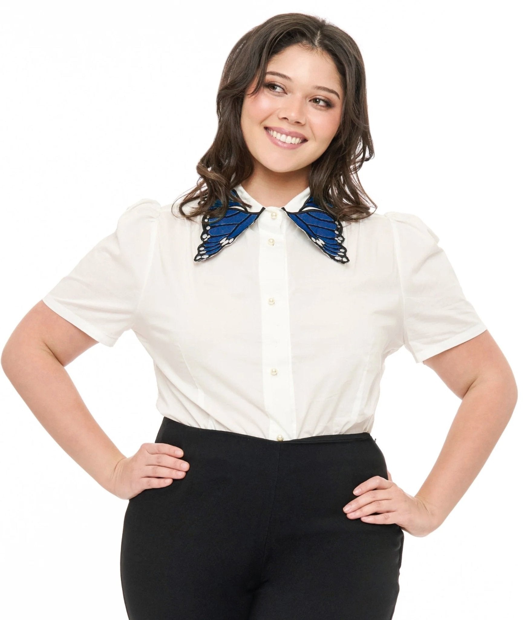 Unique Vintage Plus Size 1950s White & Blue Butterfly Collar Cotton Blouse - Unique Vintage - Womens, TOPS, WOVEN TOPS