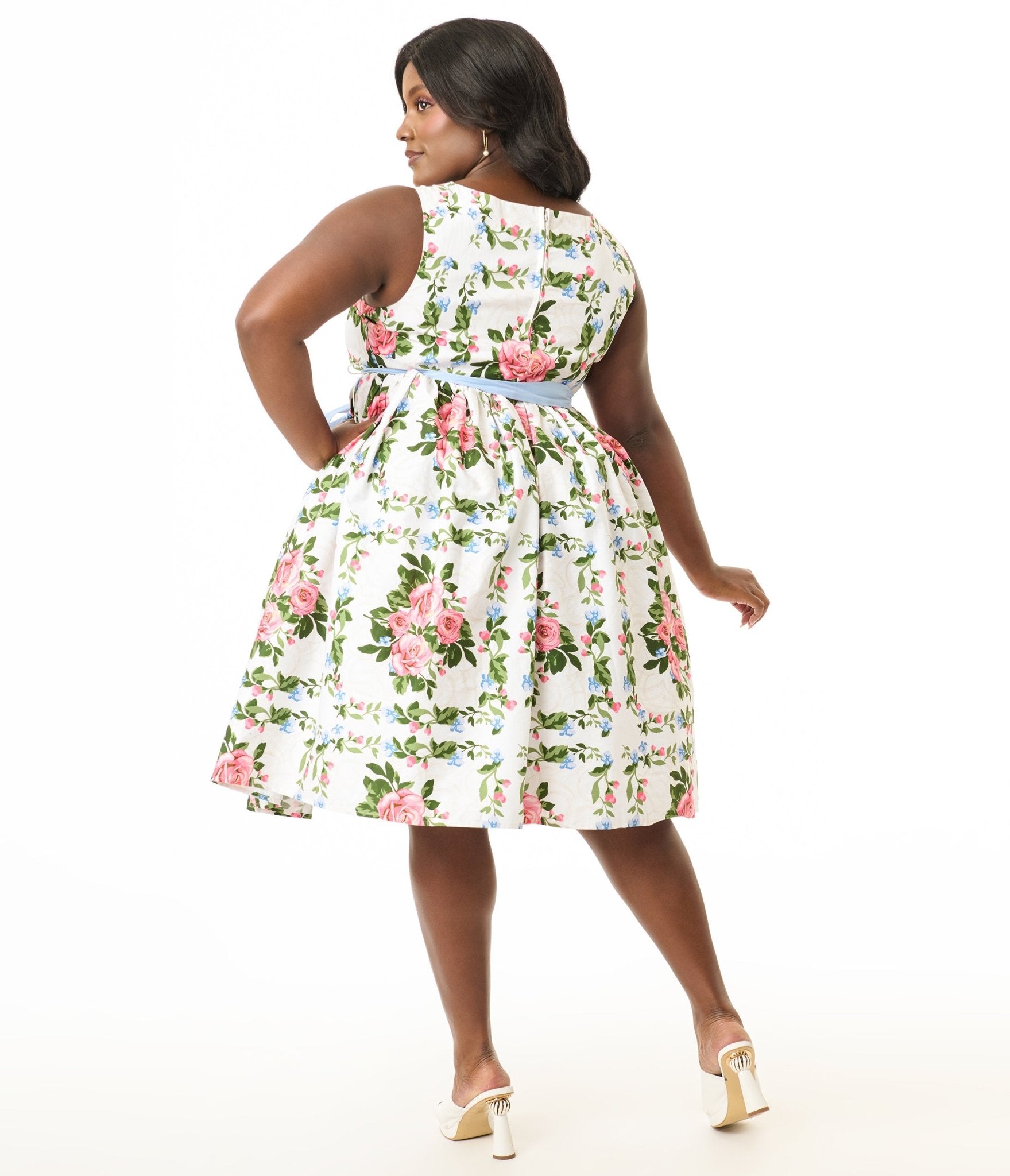 Unique Vintage Plus Size 1950s White & Pink Rose Floral Sleeveless Cotton Swing Dress - Unique Vintage Womens, DRESSES, SWING