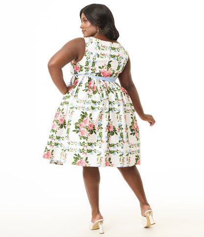 Unique Vintage Plus Size 1950s White & Pink Rose Floral Sleeveless Cotton Swing Dress - Unique Vintage Womens, DRESSES, SWING