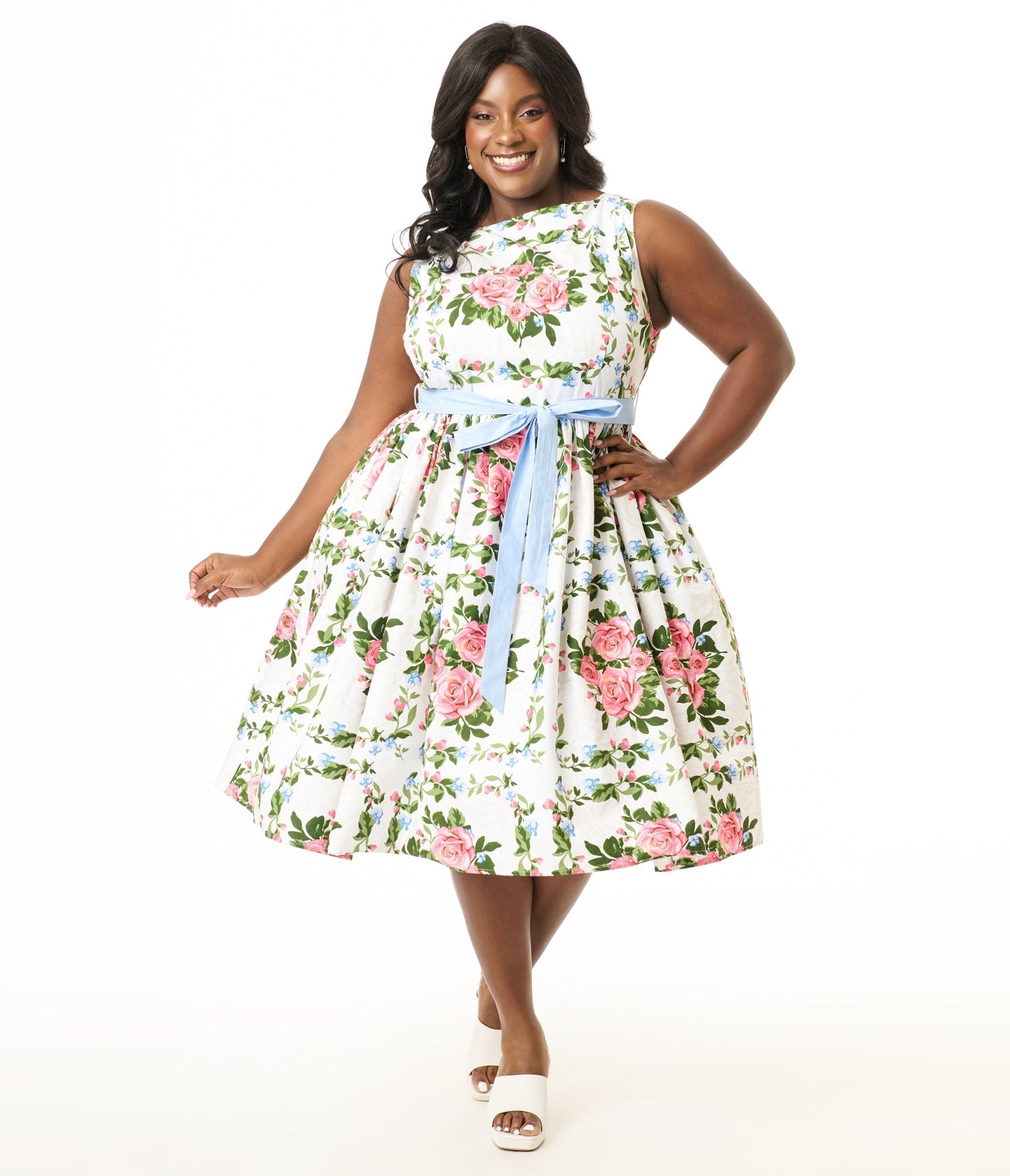 Unique Vintage Plus Size 1950s White & Pink Rose Floral Sleeveless Cotton Swing Dress - Unique Vintage Womens, DRESSES, SWING