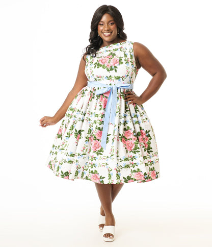 Unique Vintage Plus Size 1950s White & Pink Rose Floral Sleeveless Cotton Swing Dress - Unique Vintage Womens, DRESSES, SWING