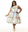 Unique Vintage Plus Size 1950s White & Pink Rose Floral Sleeveless Cotton Swing Dress