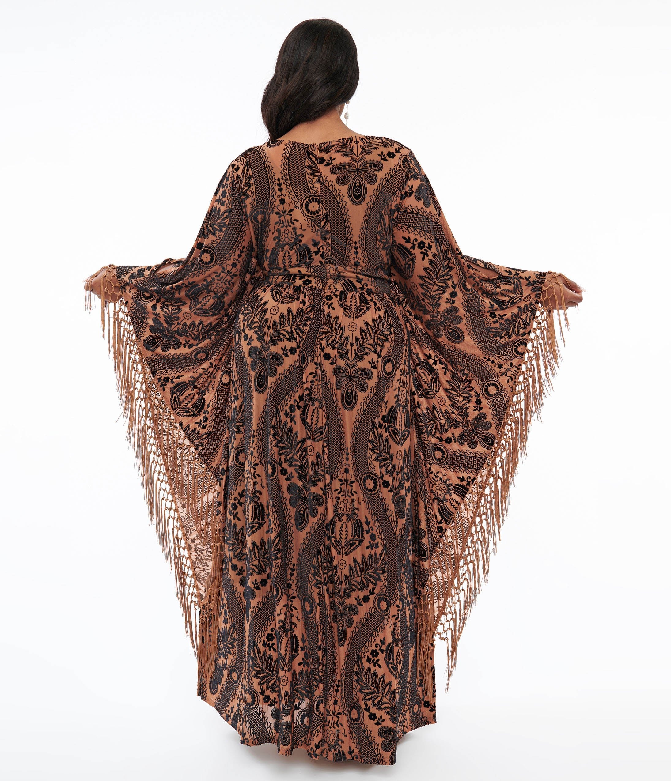 Unique Vintage Plus Size 1960s Black & Nude Floral Fringe Flutter Sleeve Caftan - Unique Vintage - Womens, FLAPPER, DRESSES