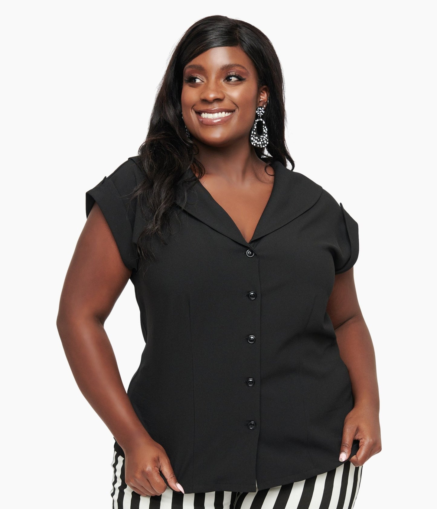 Unique Vintage Plus Size 1960s Black Twill Sleeveless Blouse - Unique Vintage - Womens, TOPS, WOVEN TOPS