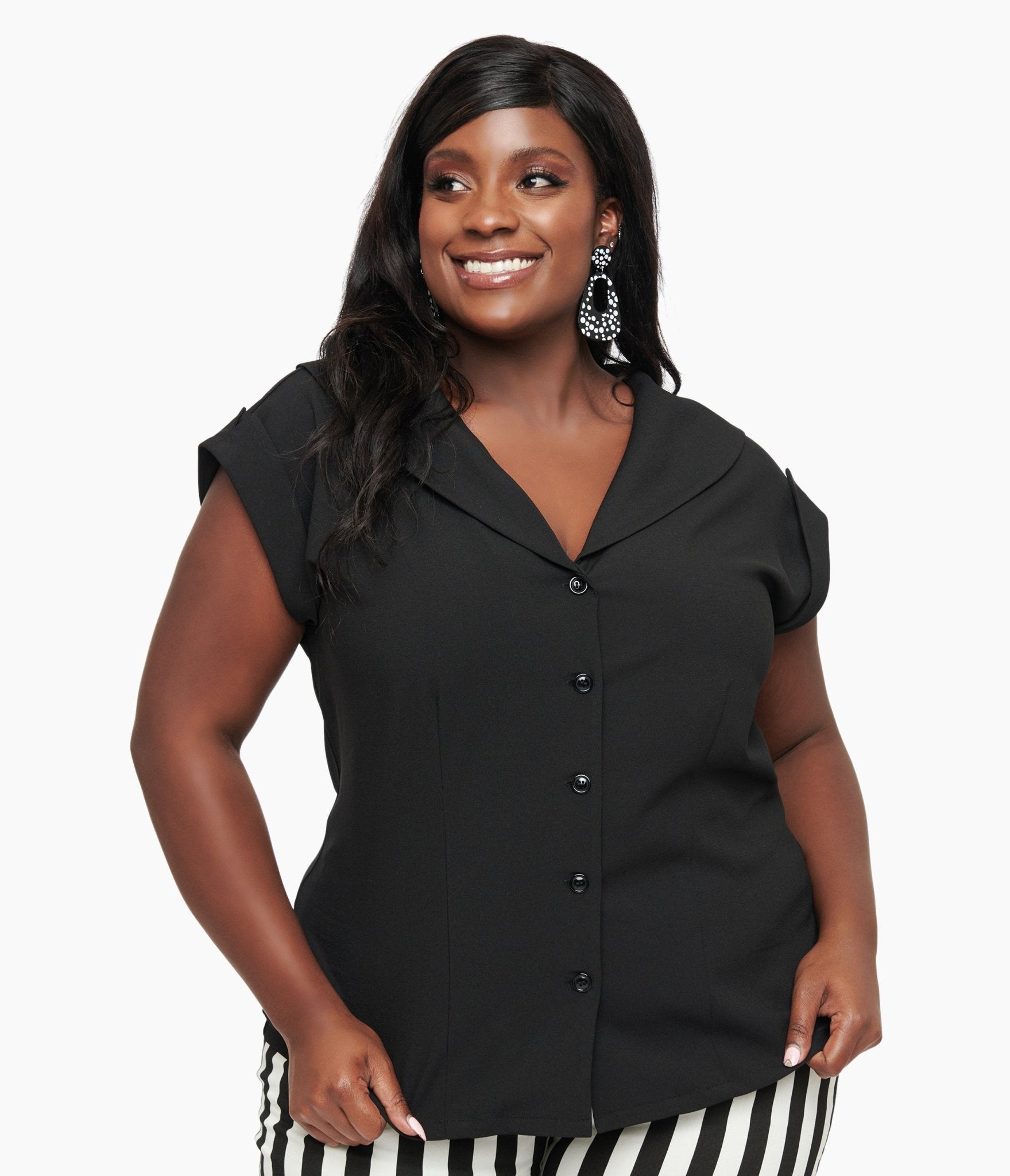 Unique Vintage Plus Size 1960s Black Twill Sleeveless Blouse - Unique Vintage - Womens, TOPS, WOVEN TOPS