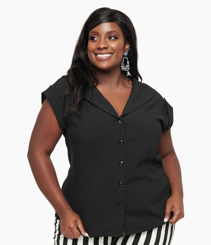 Unique Vintage Plus Size 1960s Black Twill Sleeveless Blouse - Unique Vintage - Womens, TOPS, WOVEN TOPS