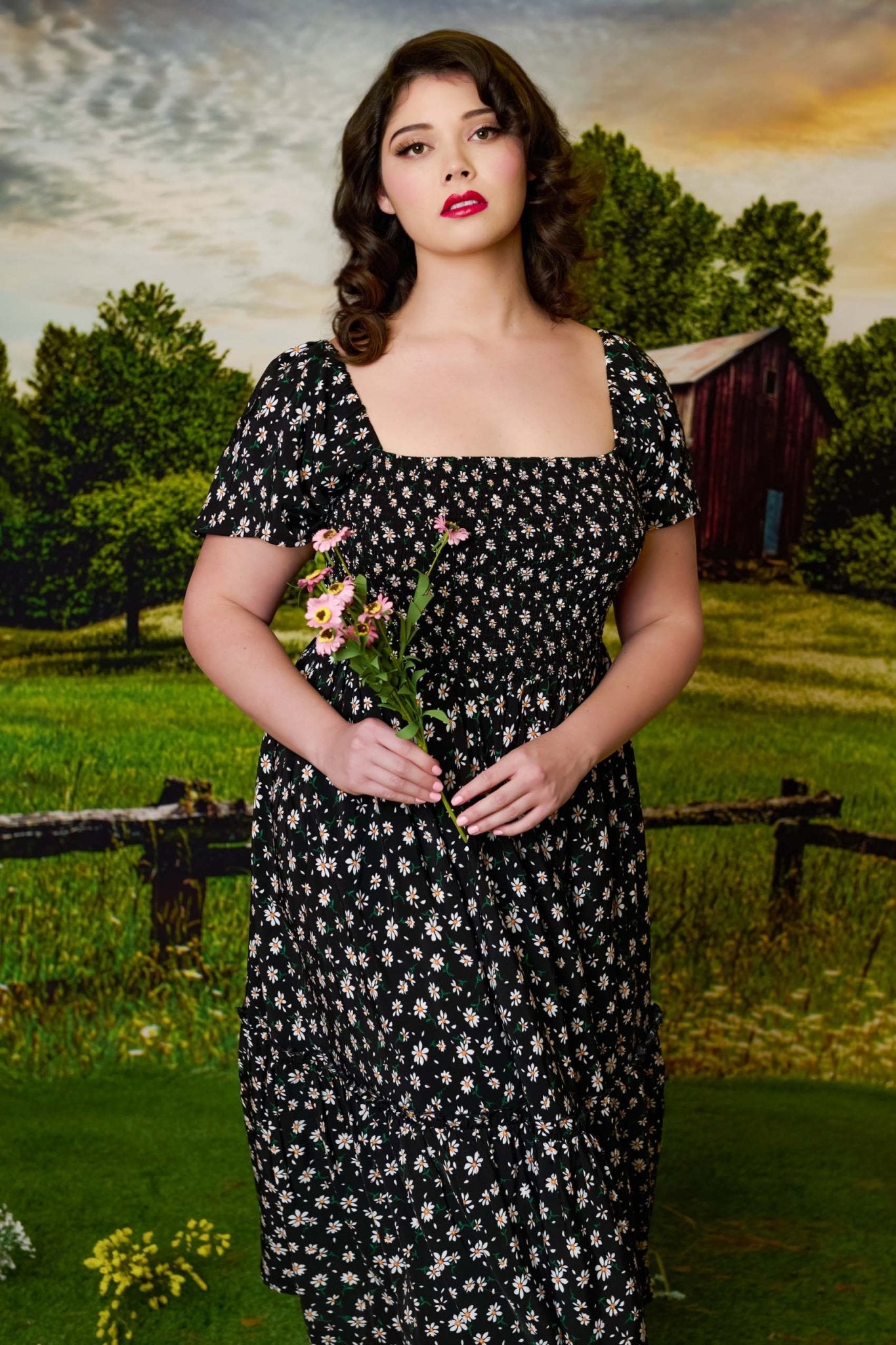 Unique Vintage Plus Size 1960s Black & White Ditsy Floral Smocked Bodice Midi Dress - Unique Vintage - Womens, DRESSES, MIDI