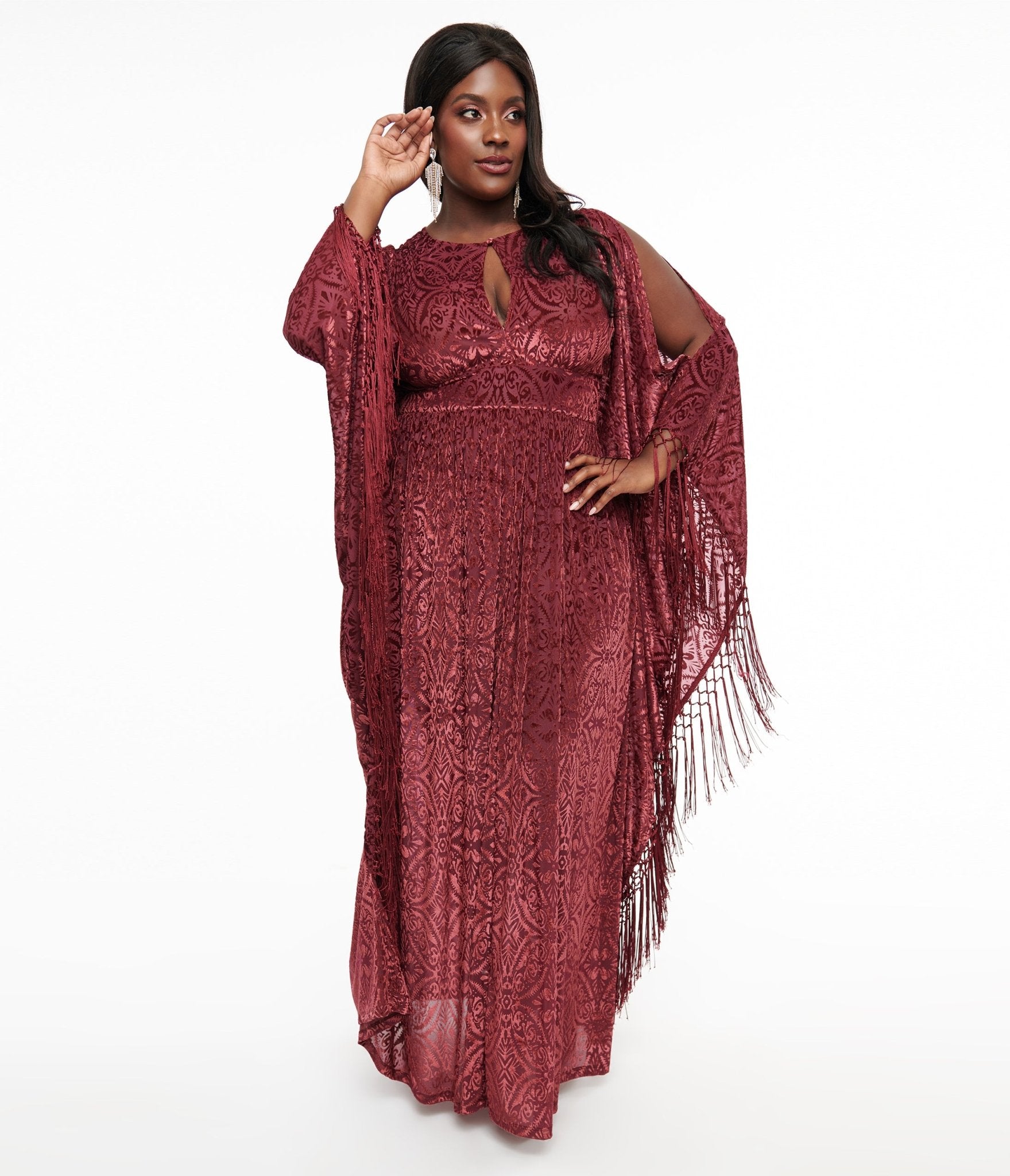 Unique Vintage Plus Size 1960s Burgundy Velvet Burnout Fringe Flutter Sleeve - Unique Vintage - Womens, FLAPPER, DRESSES