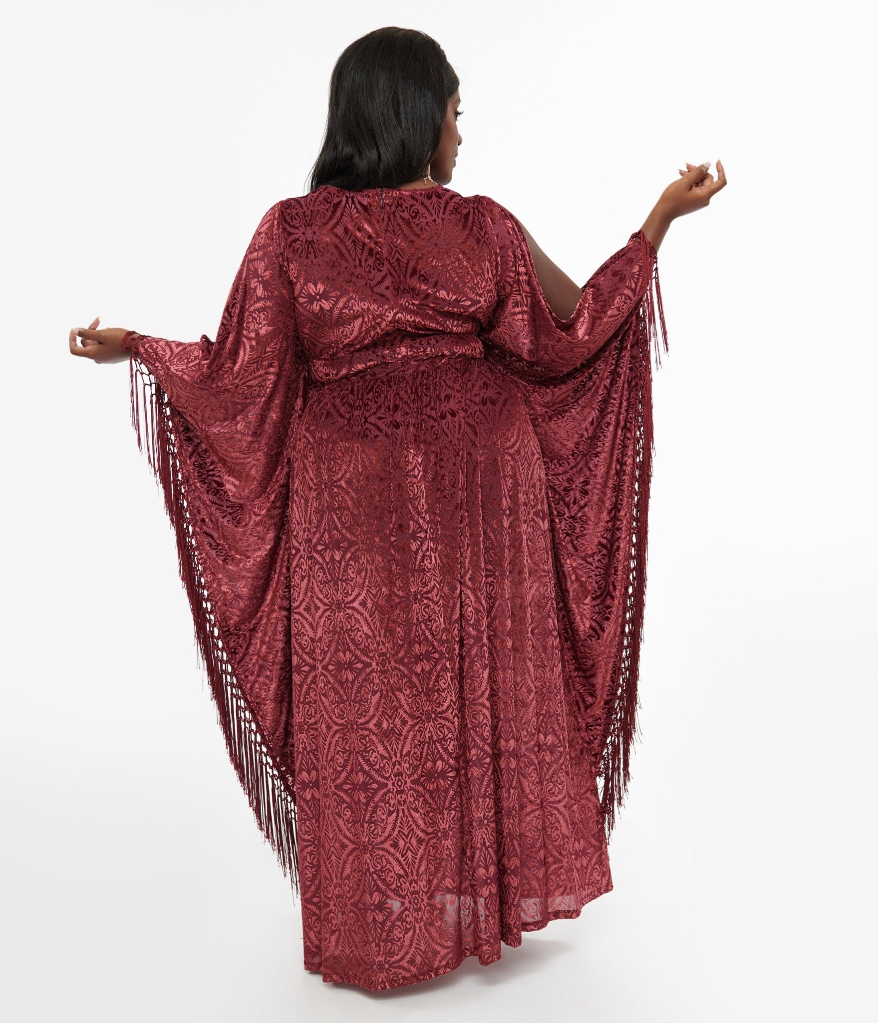 Unique Vintage Plus Size 1960s Burgundy Velvet Burnout Fringe Flutter Sleeve - Unique Vintage - Womens, FLAPPER, DRESSES