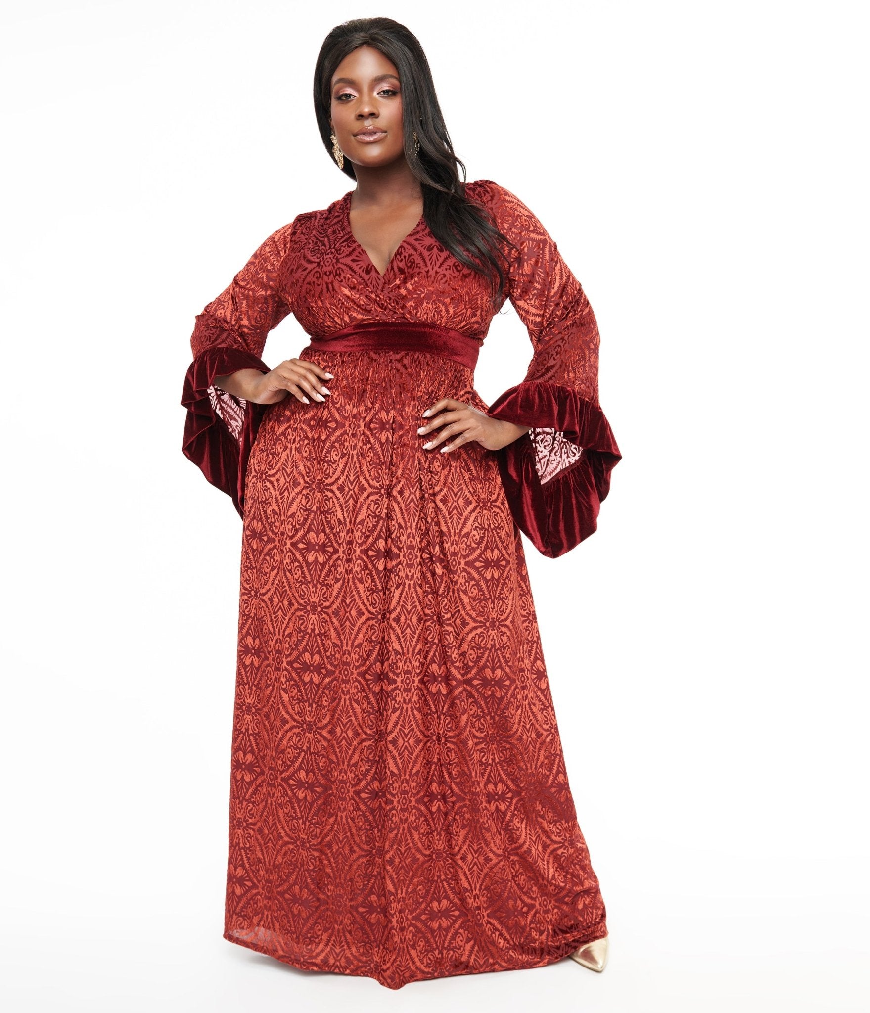 Unique Vintage Plus Size 1960s Burgundy Velvet Burnout Maxi Dress - Unique Vintage - Womens, DRESSES, MAXI